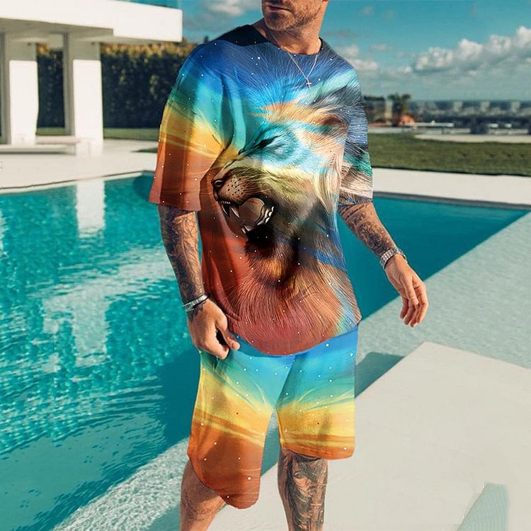 BrosWear Men'S Trendy Colorful Lion Print T-Shirt And Shorts Two Piece Set