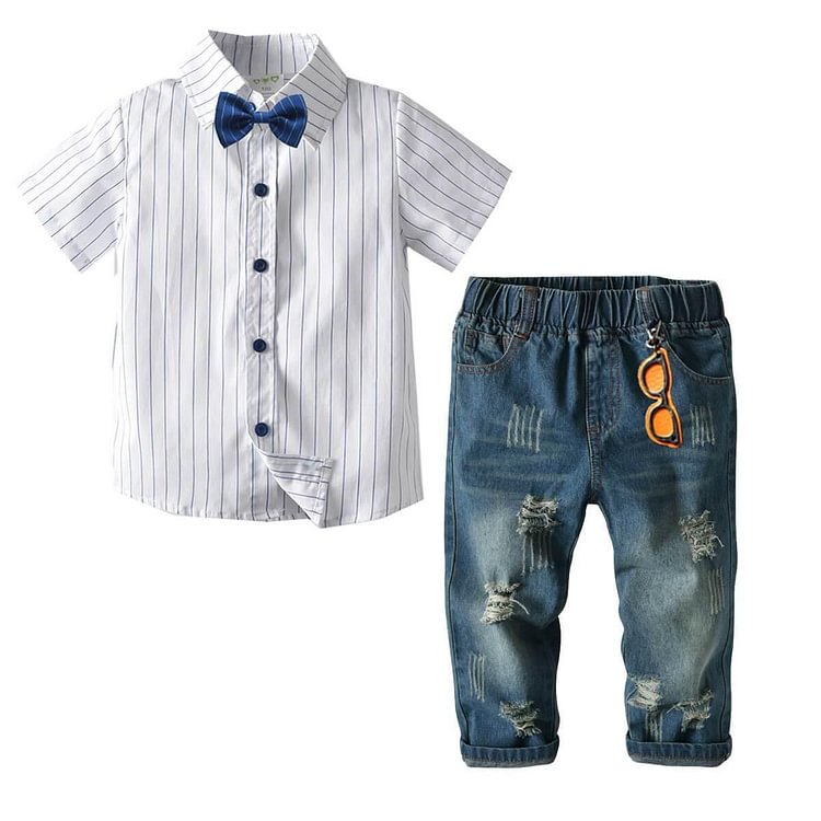 Baby Boys White Stripe Short Sleeve Shirt Bowtie Ripped Jeans Suits-Mayoulove