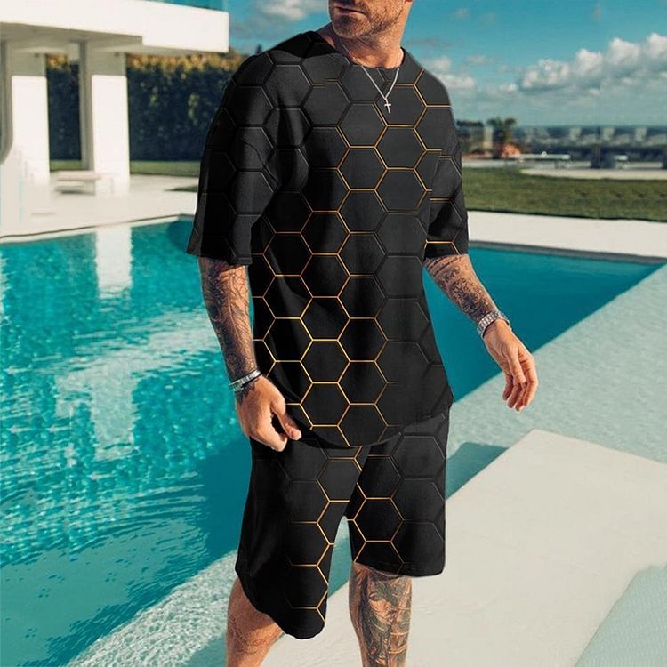 BrosWear Gradient Honeycomb Resort T-Shirt and Shorts Set