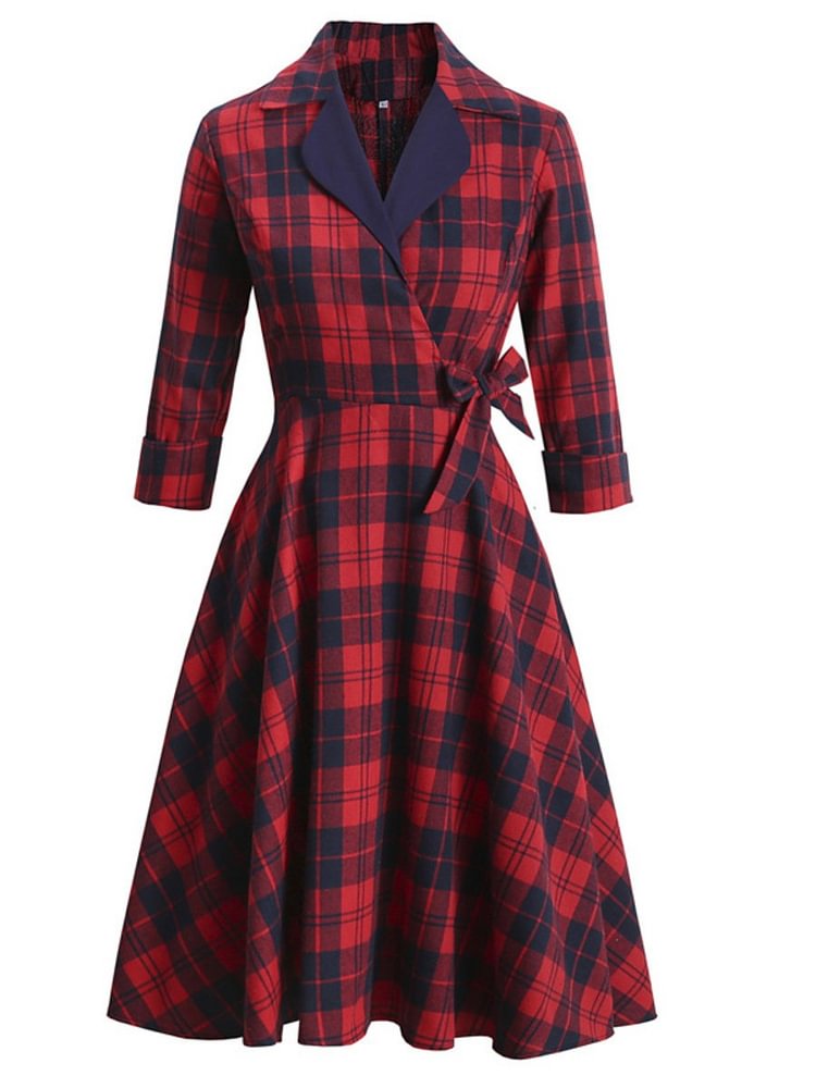 Mayoulove Women's Plaid Dress Long Sleeve Improved Suit Bowknot Swing Dresses-Mayoulove
