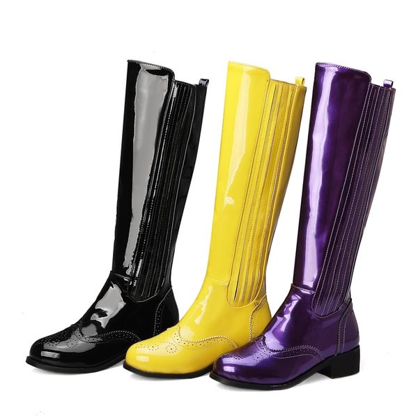 2019 The New Style Women's Fashion Patent Leather Boots Knee High Slim Boots Solid Color Boots Women Elegant Side Zip Comfortable Boots
