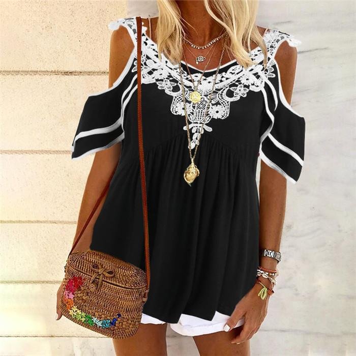 Lace Stitching Sexy V-neck Short-sleeved Off-the-shoulder T-shirt-Mayoulove