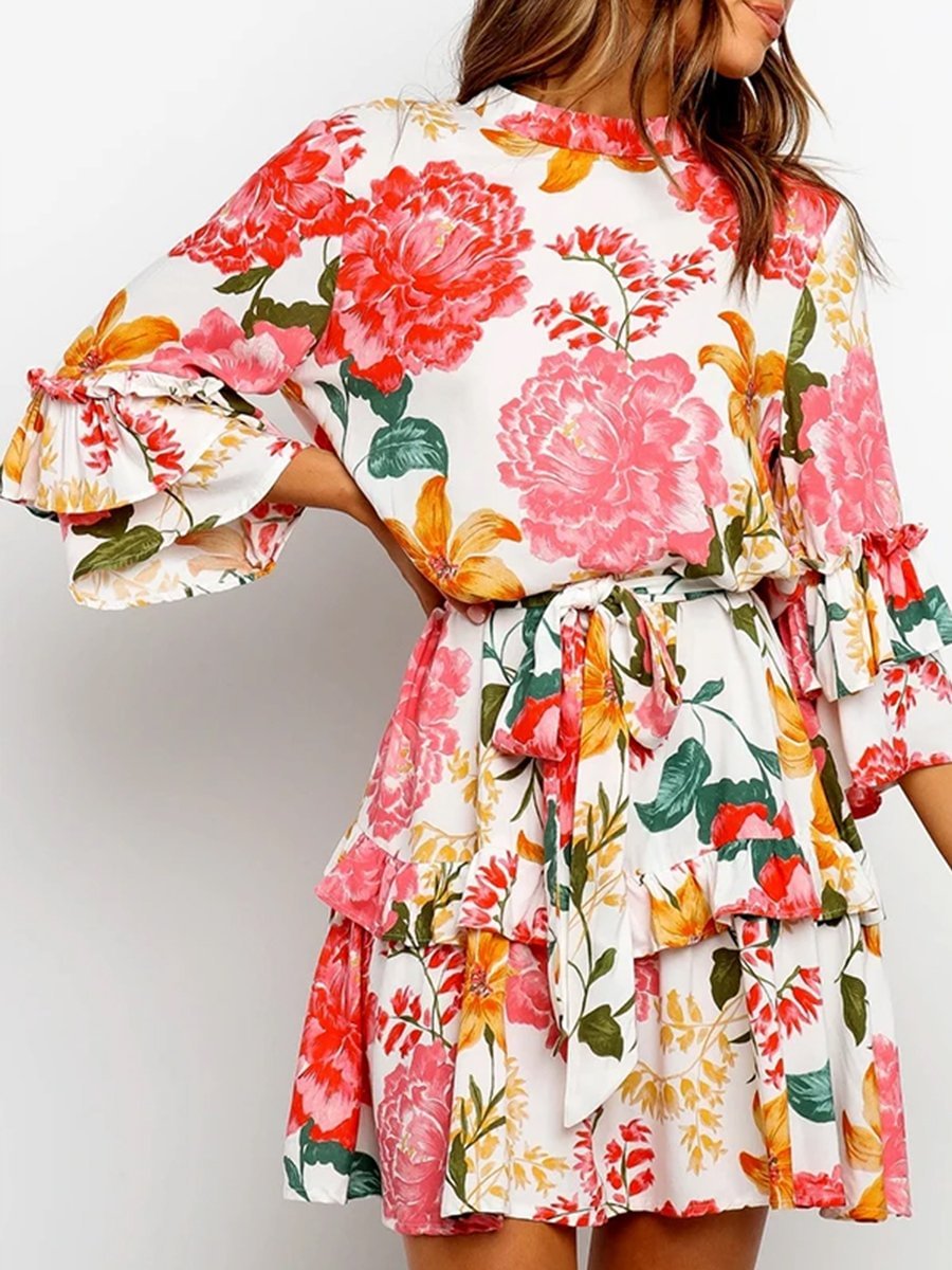 Floral Print Round Collar Pleated Dress P11903