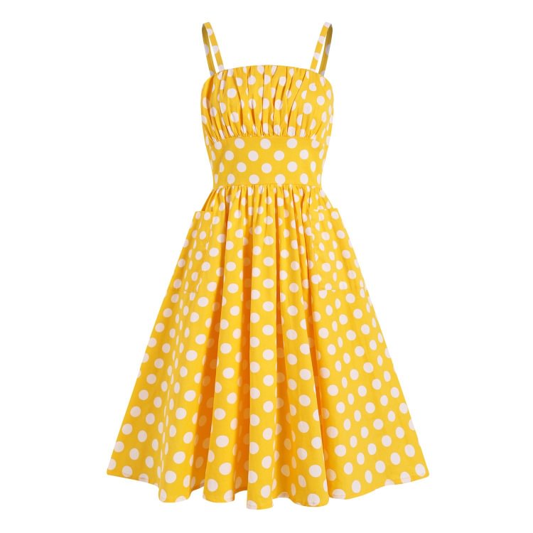 Mayoulove Audrey Hepburn Dress Spaghetti Strap Polka Dot Print with Pockets Swing Dresses-Mayoulove