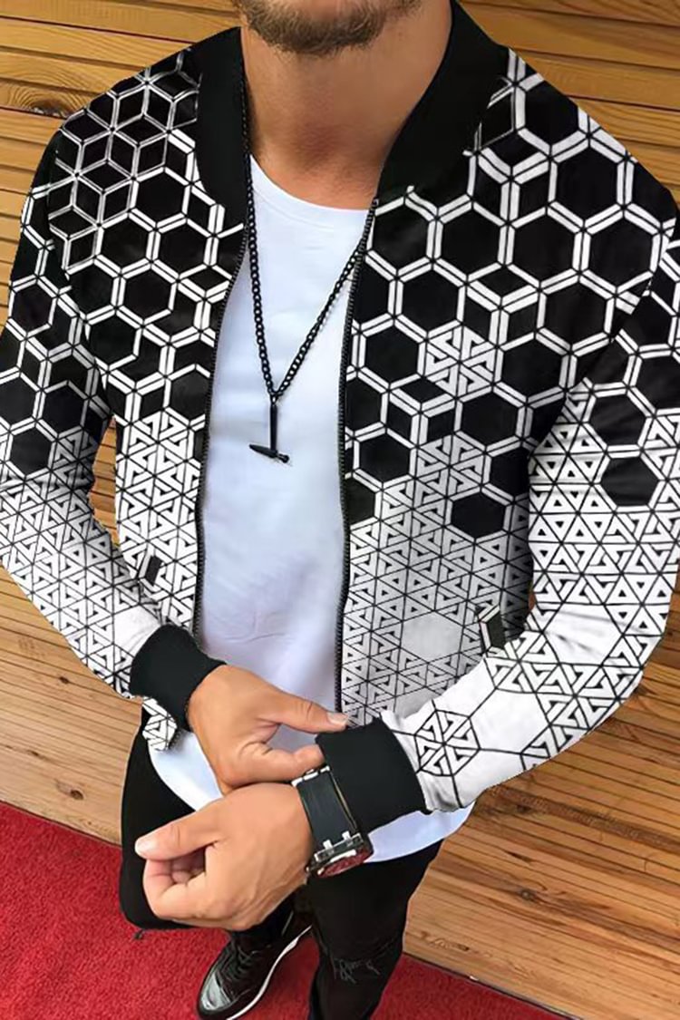 Tiboyz Men's Gradient Pattern Stand Collar Zip Jacket
