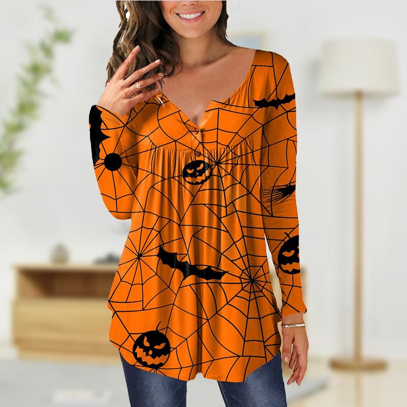 Halloween Spiderweb Full Print Design Women Button-up Long Sleeve Blouse