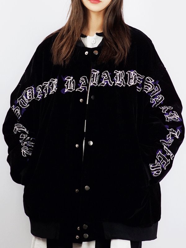 College Style Vintage Letter Embroidered Color Block Buttoned Loose Thick Baseball Jacket