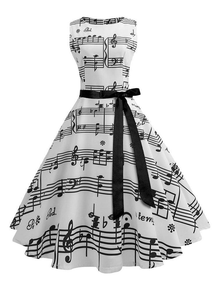 Mayoulove 1950s Dress A-Line Sleeveless O-Neck Dress With Musical Note Pattern-Mayoulove