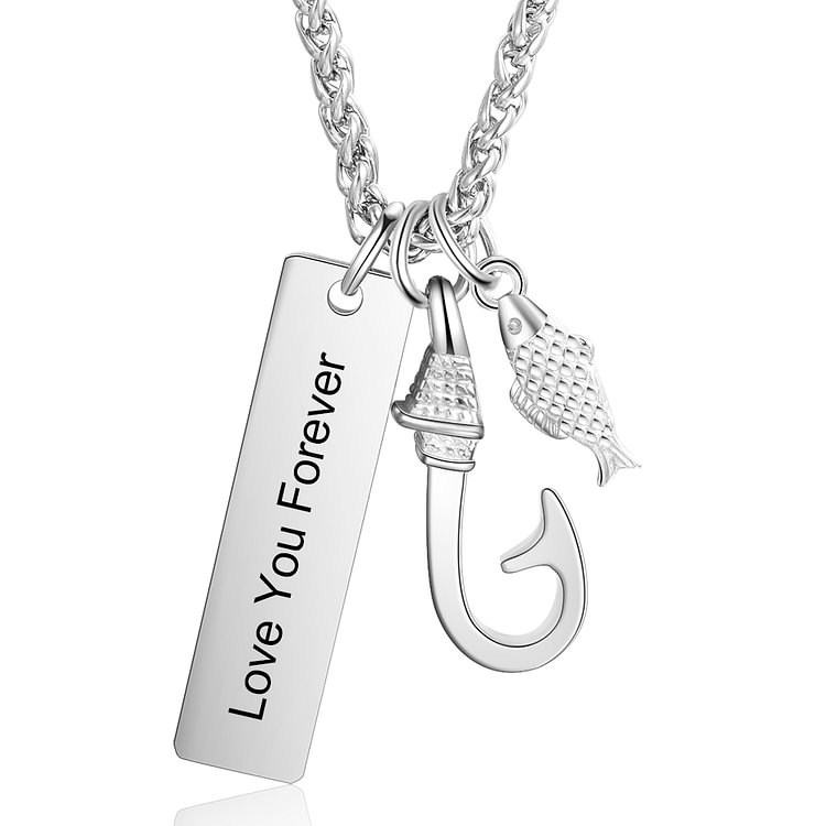 Personalized Fish Hook Necklace with Engraved Text Pendant Charm