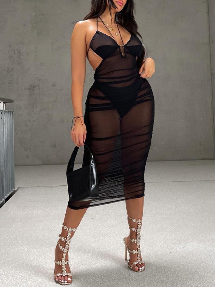 Sexy see through mesh halter neck ruched midi party dress