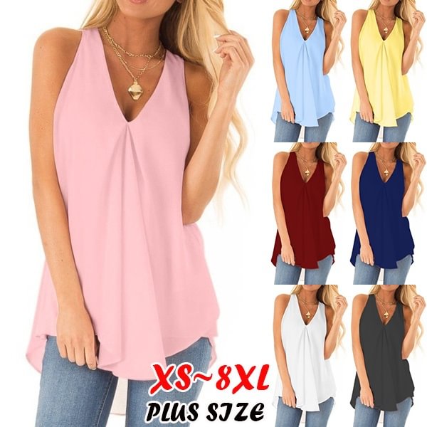 NEW Fashion Clothes Summer Women Casual Tops Loose V-neck T-shirt Solid Color Sleeveless Shirts Ladies Fashion Chiffon Pullover Tank Top Plus Size XS-8XL