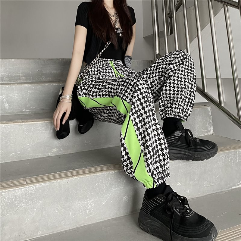 New Side Color-blocking Houndstooth Pattern Trousers / Techwear Club / Techwear