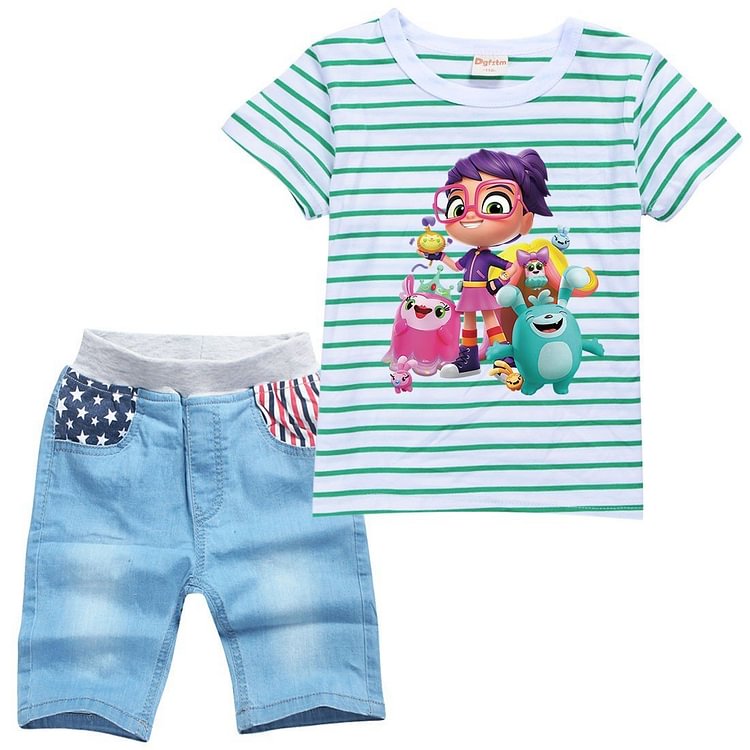Girls Abby Hatcher Print Kids Striped T Shirt Denim Shorts Suit Sets-Mayoulove