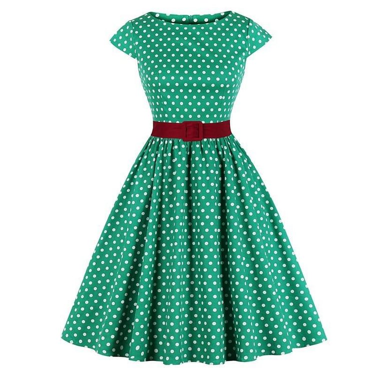 Mayoulove Retro Polka Dot 1950s Rockabilly Pleated Belted Dress Cap Sleeve Vintage Dresses-Mayoulove