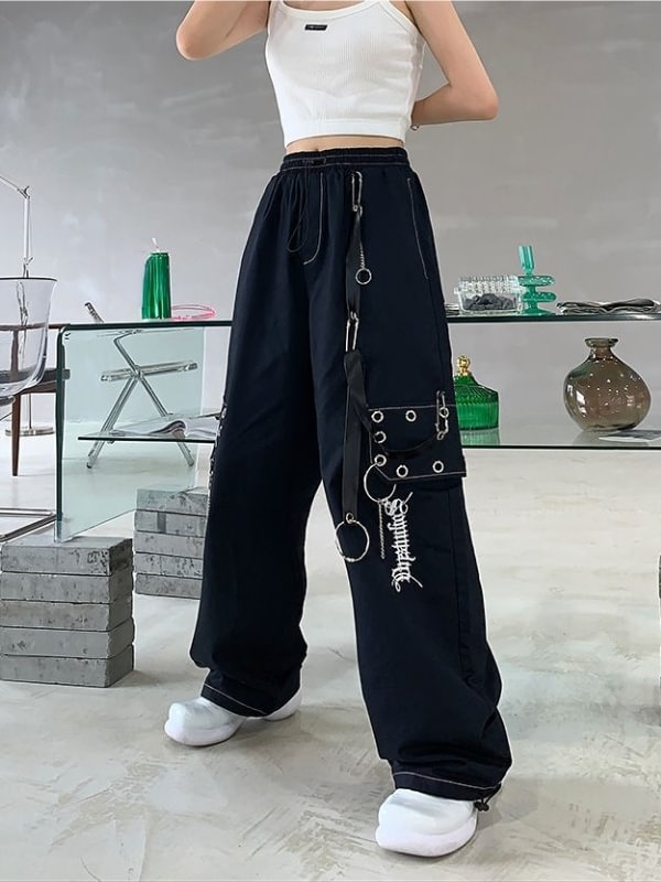 Street Fashion Casual Pockets Chain-trimmed Industrial Pants