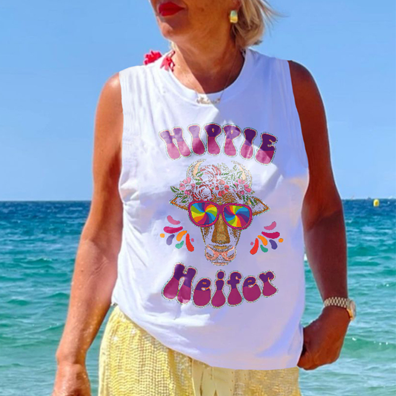 Hippie Heifer With Rainbow Color Sunglasses Printed Casual Vest