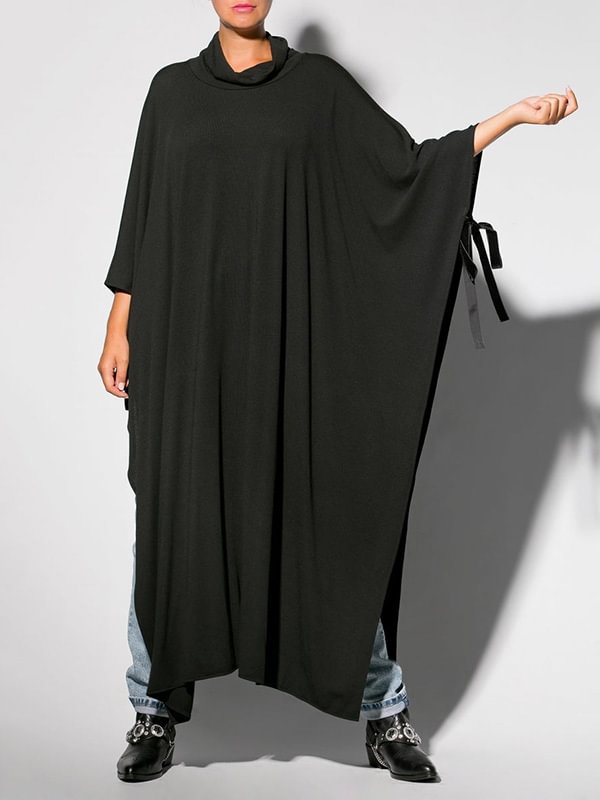 Black&Gray Solid Color Lace-Up Split-Side Cape Outwear
