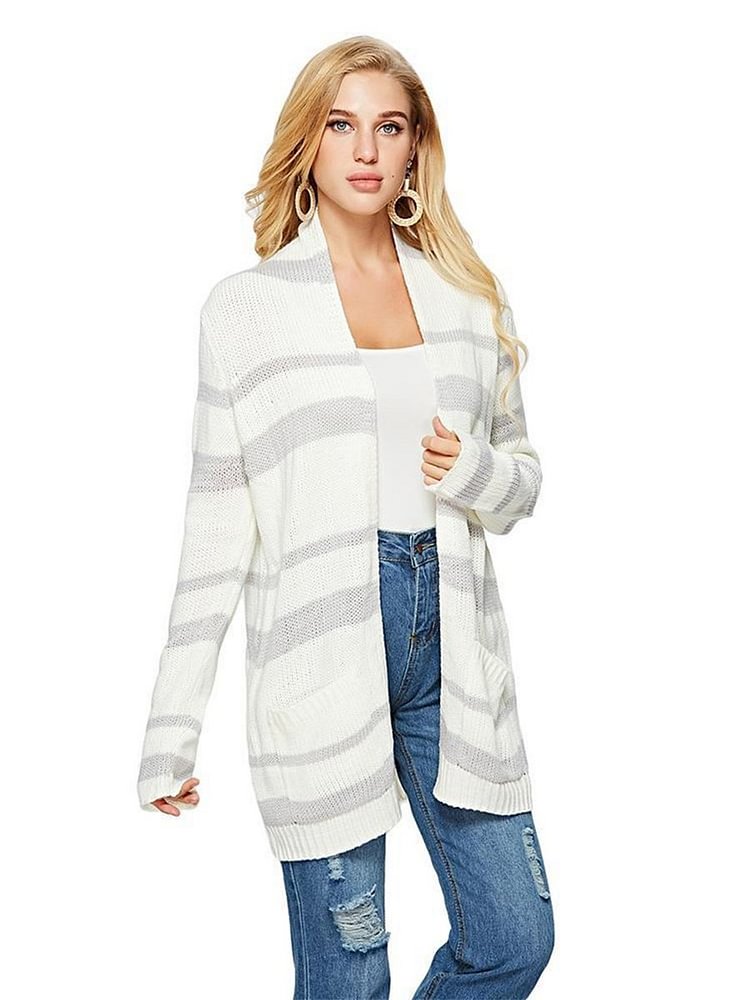 Mayoulove Casual Knitted Cardigan Long Sleeve Stripe Knitted Outwear-Mayoulove