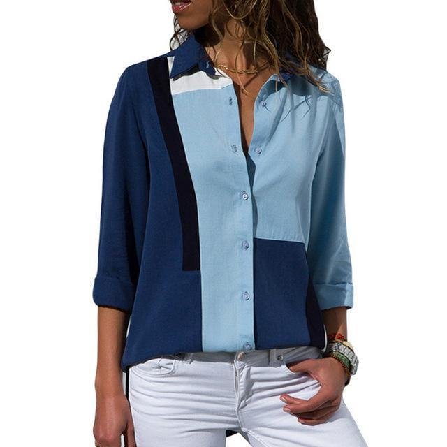 Women Floral Print Long Sleeve Turn Down Collar Blouse Striped Tunic Plus Size Shirts-Corachic