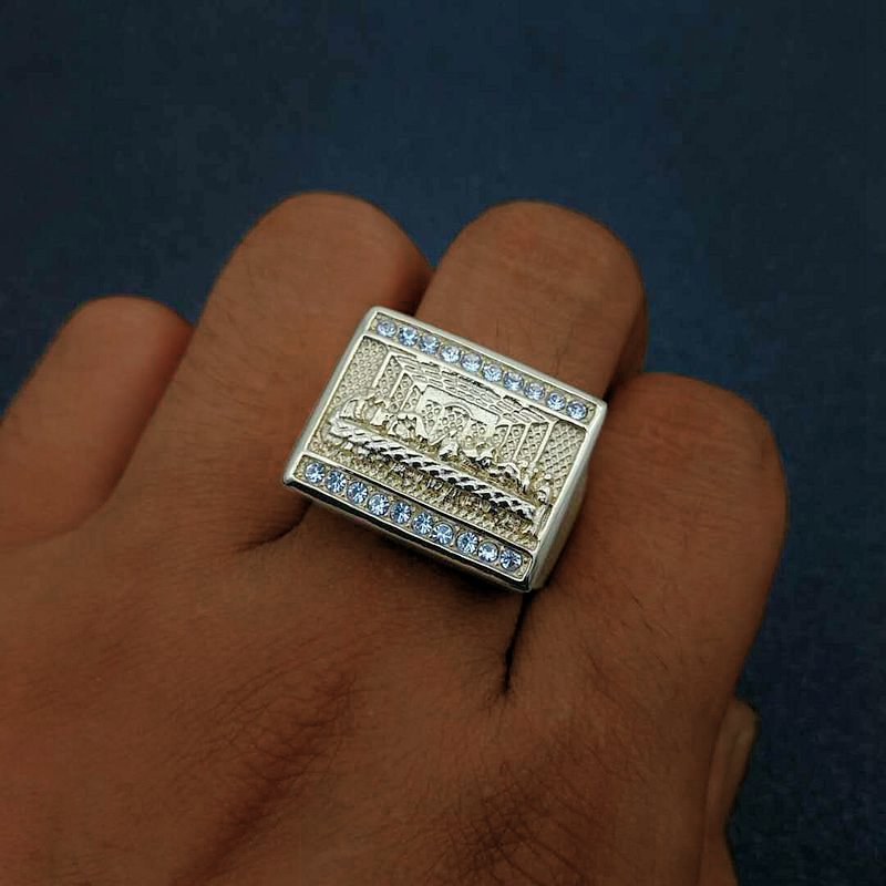 Hip Hop Bling Iced Out Gold The Last Supper Sqaure Rings-VESSFUL