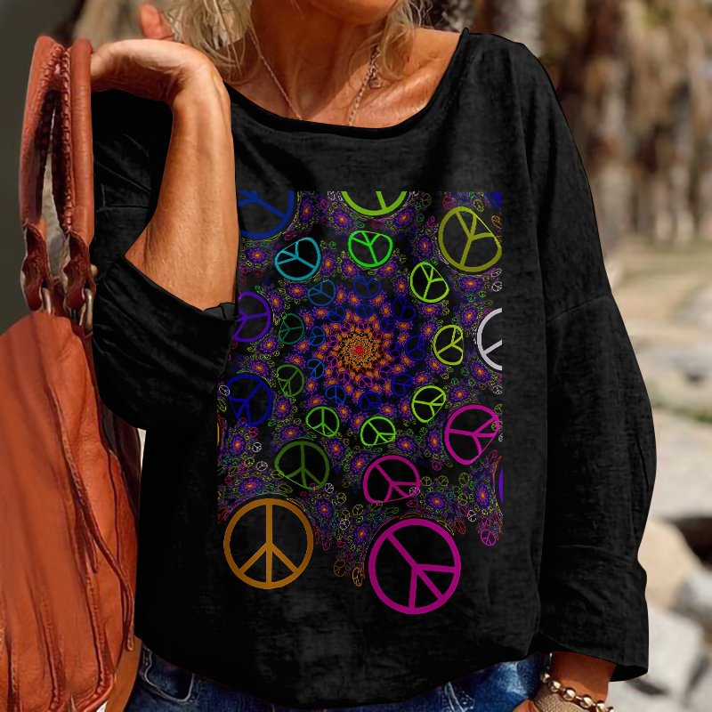 Multicolor Peace Symbol Psychedelic Print Black T-shirt