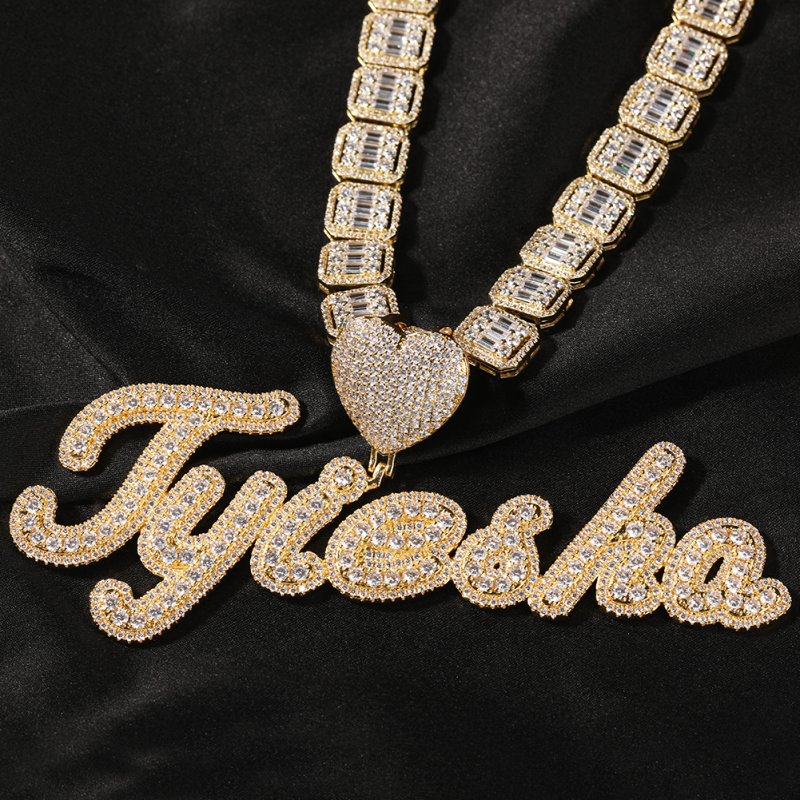 Custom Name Heart Bail Brush Script Bubble Letter Pendant Personalized Necklace Jewelry-VESSFUL