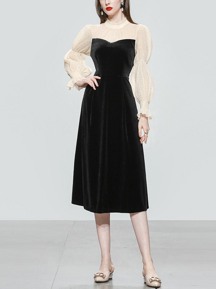 Mayoulove Women's Dress Audrey Hepburn Style Lantern Sleeve Patchwork Elegant Dress-Mayoulove