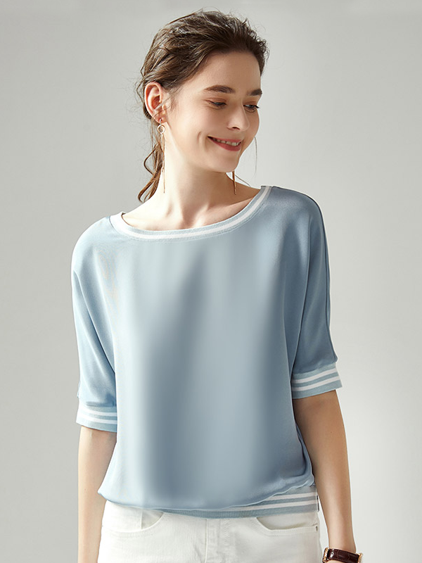 30 MOMME T-shirt en soie bleu claire style à manches courtes-Soieplus