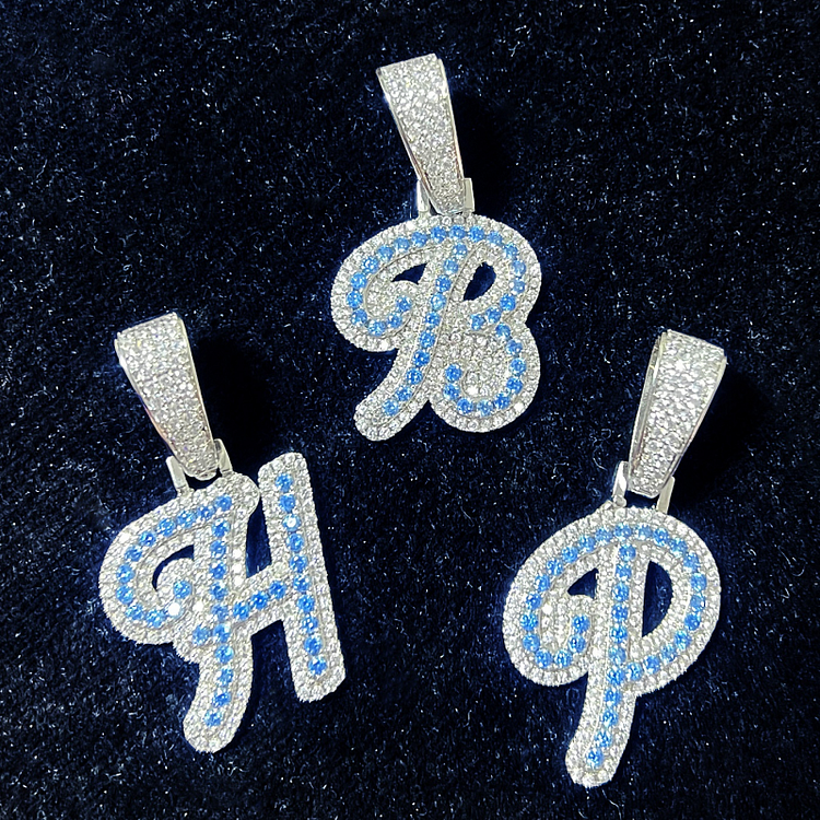 A-Z Blue Zircon Cursive Letter Chain Hip Hop Pendant Necklace Jewelry