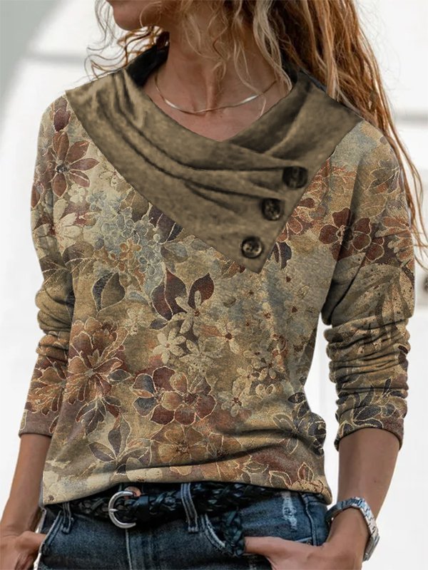 Casual Ethnic Floral Design Large Lapel Knit Long Sleeve Top