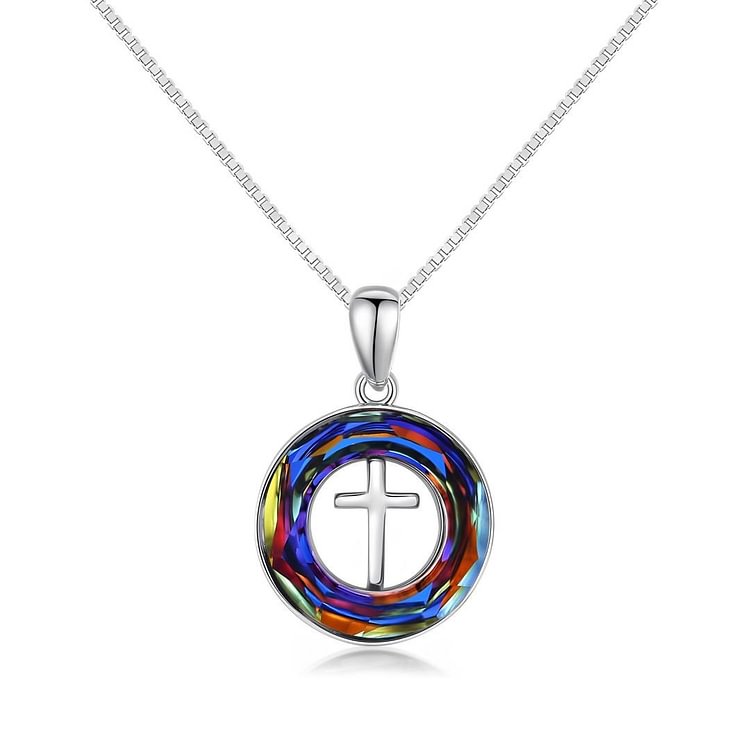 S925 Jesus is the Answer Circle Crystal Cross Necklace