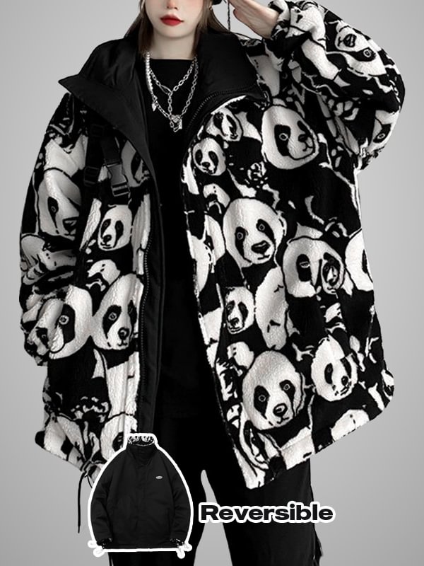 Chic Cute Vintage Color Block Panda Zipper Stand Collar Long Sleeve Oversize Lamb Wool Reversible Jacket
