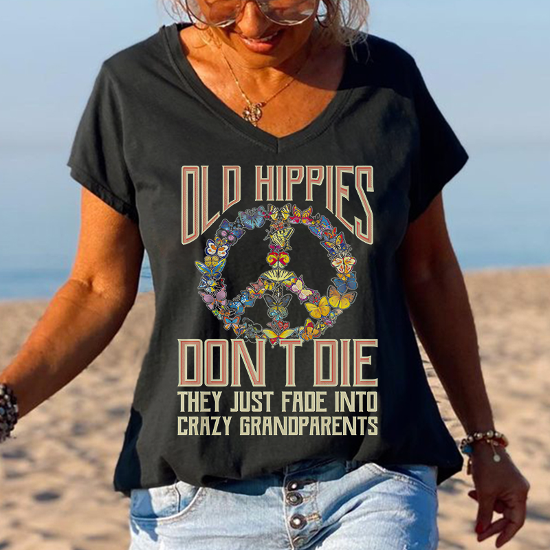 Butterflies Old Hippies Don't Die V-neck Graphic Tees