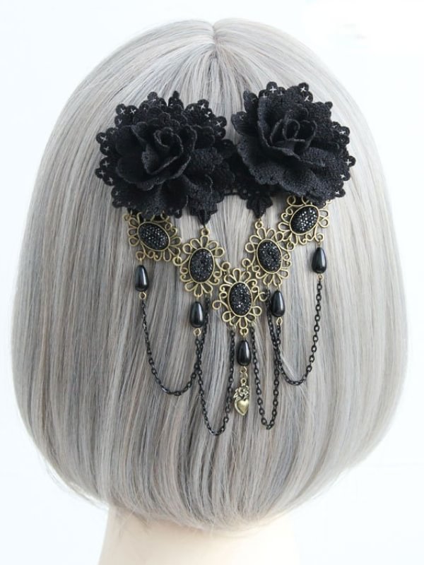 Dark Goth Handmade Fringed Lace Flower Hairpin 