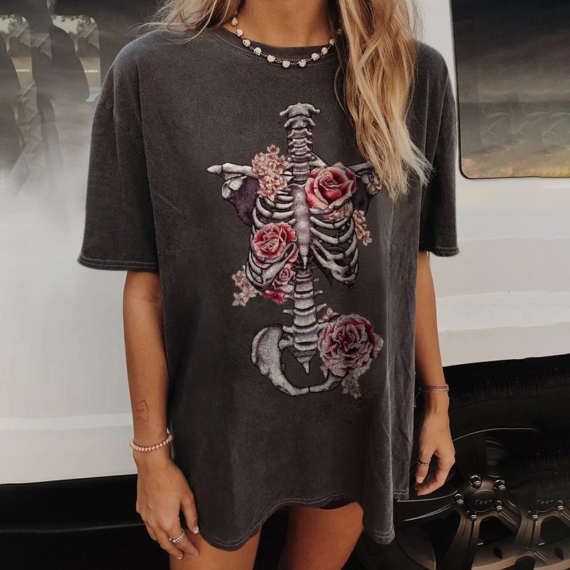   Rose and human organs Skeleton printed designer T-shirt - Neojana