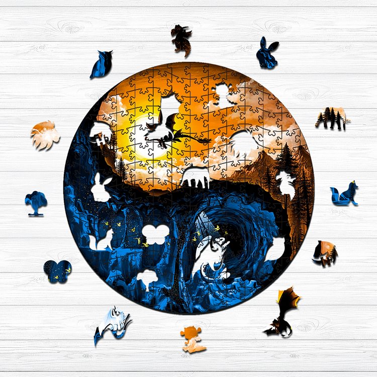 Yin Yang Toothless and Light Fury Wooden Jigsaw Puzzle