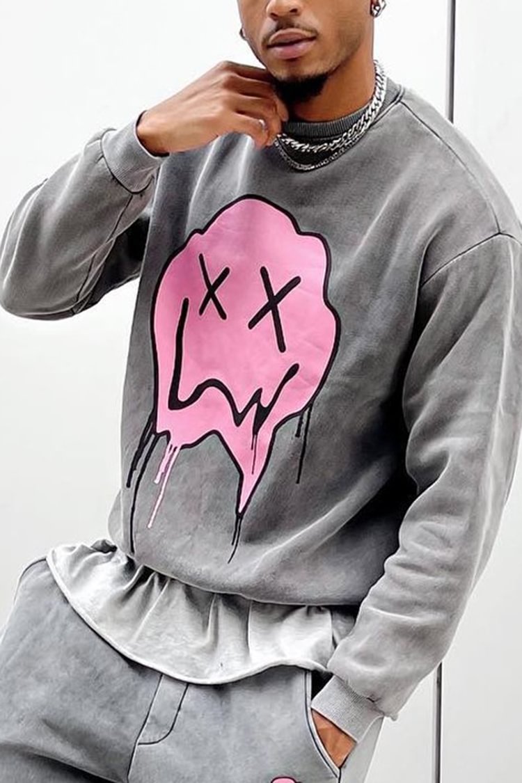 Tiboyz Round Neck Pink Oil Painting Smiley Face Sweatshirt