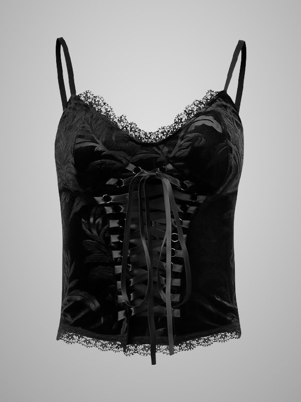 Sexy Gothic Lace Spaghetti Backless Bandaged Black Cropped Tank Top