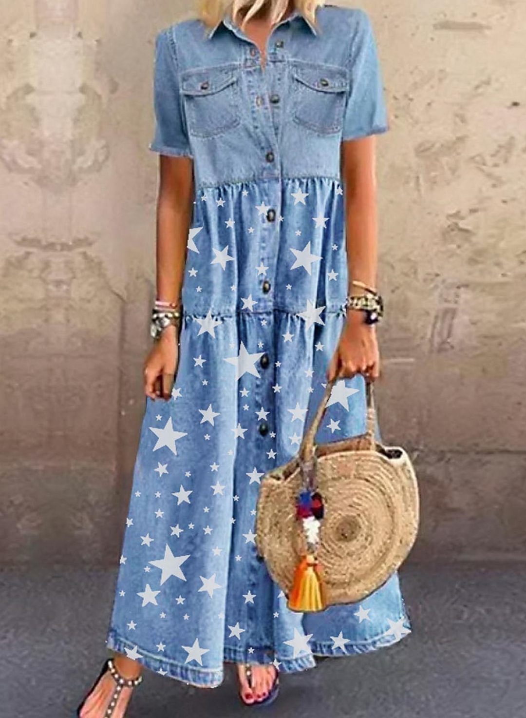 Women's Dresses Star Print Denim Button-up Maxi Dress