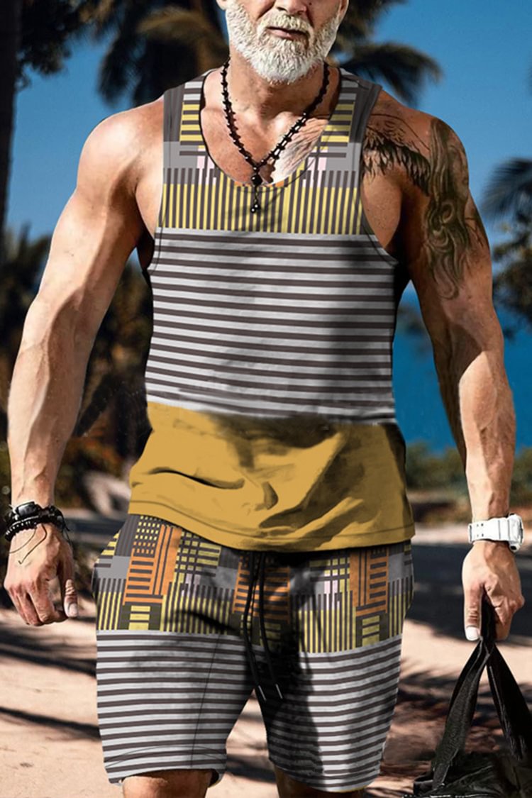 Tiboyz Contrast Striped Tank Top And Shorts Two Piece Set