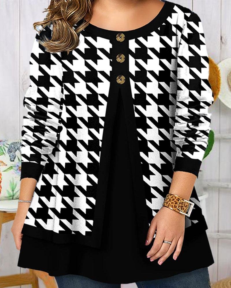 Plus Size Houndstooth Stitching Round Neck Button Long Sleeve Top