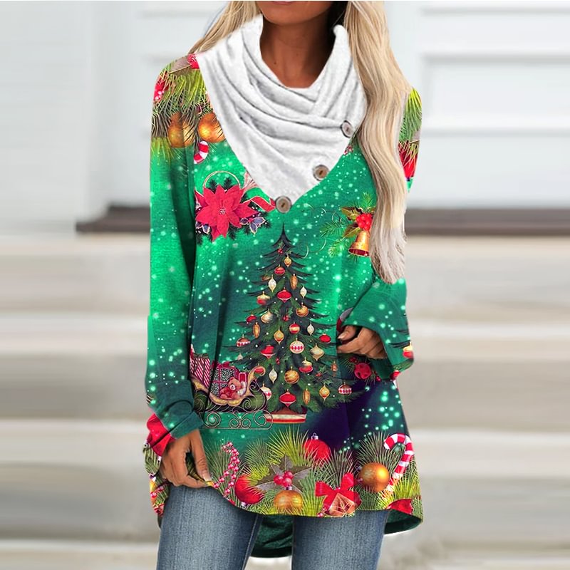 Christmas Tree Sleigh Bell Print Casual Blouse