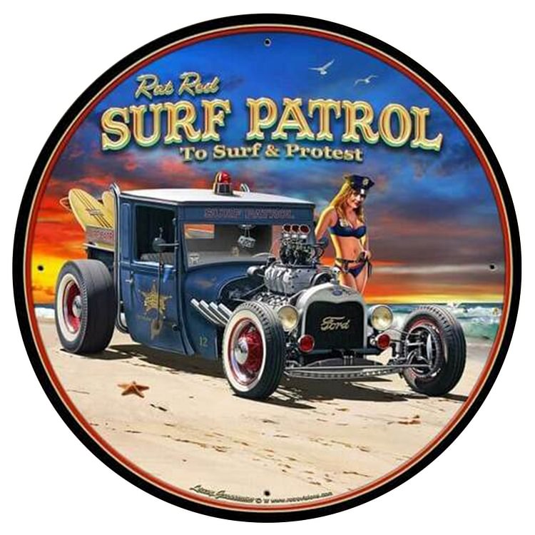 Surf Patrol - Round Vintage Tin Signs/Wooden Signs - 30x30cm