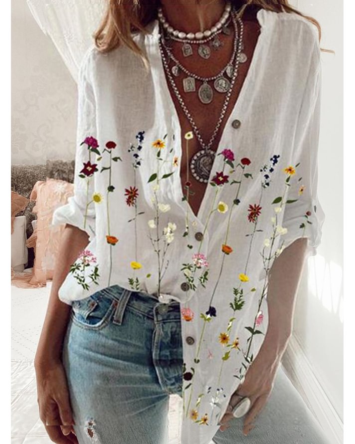 Floral-Print Long Sleeve Shirts & Tops