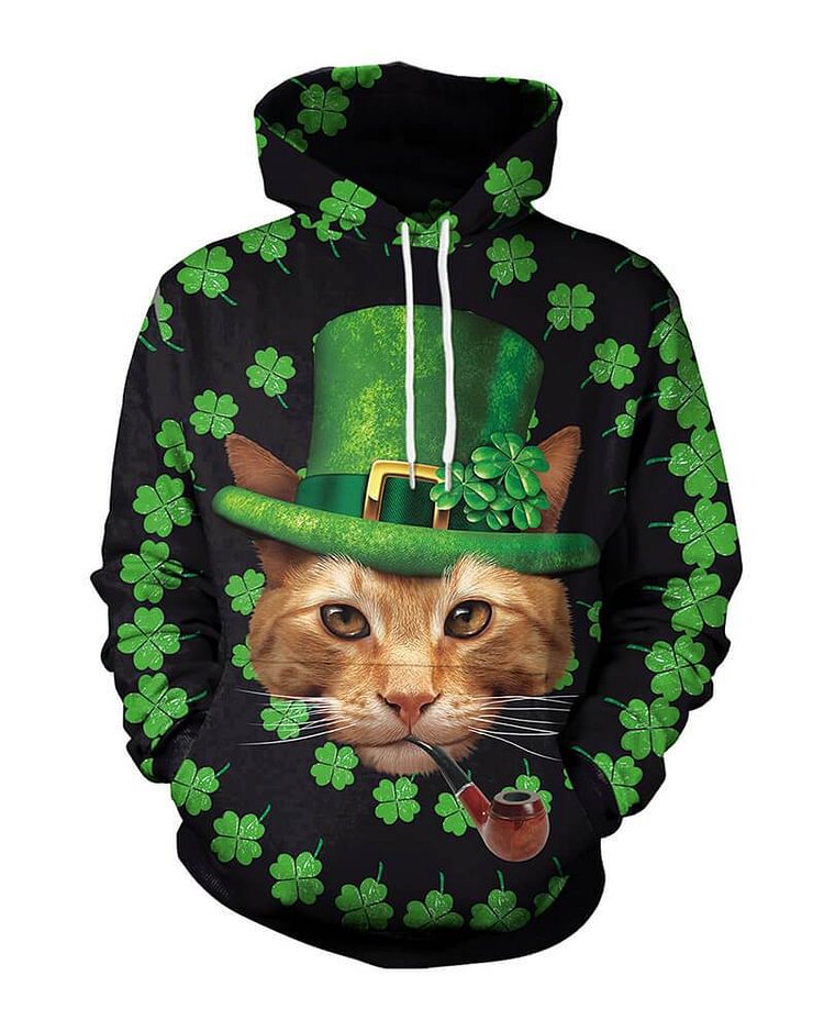 Mayoulove Cat In The Green Hat In The Clover Printed Unisex Pullover Hoodie-Mayoulove