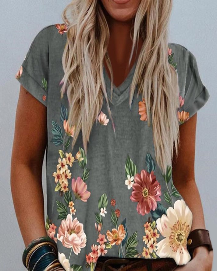 V Neck Floral Casual Short Sleeve Shirts &  Tops