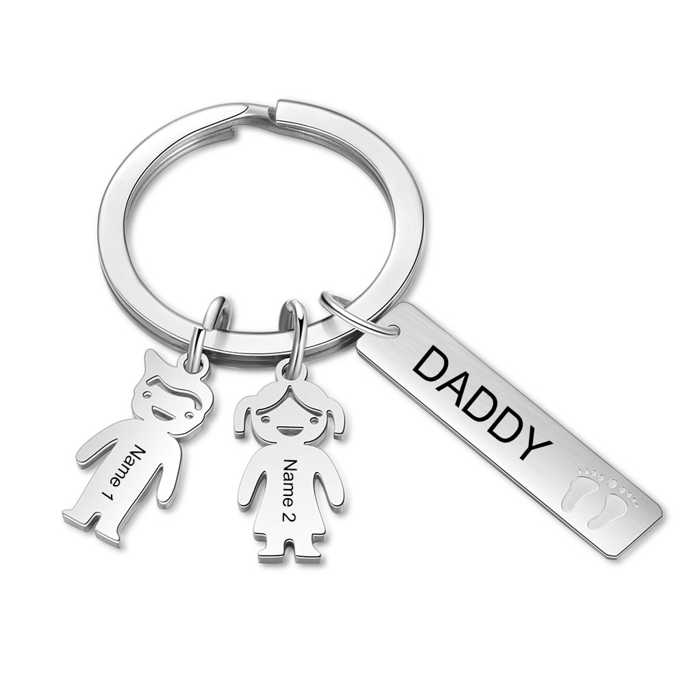 Personalized Daddy Keychain with Kids Charms Engraving 2 Names