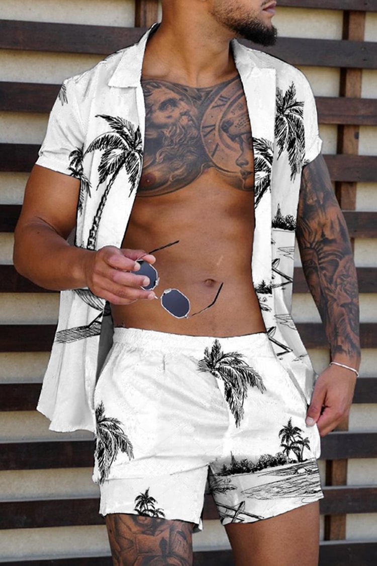 BrosWear White Coconut Shirt and Shorts Beach Two Piece Set