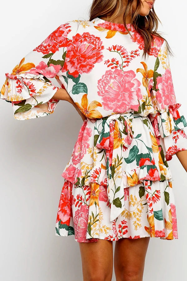 Womens Floral Print Round Collar Pleated Dress-Allyzone-Allyzone