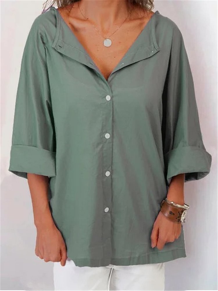 Gray Green Linen V Neck Casual Shirts & Tops
